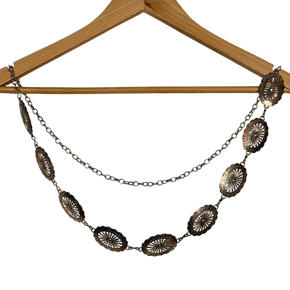 Vintage Silver Tone Oval Concho Chain Belt Burnished Sunburst Western Boho 48in